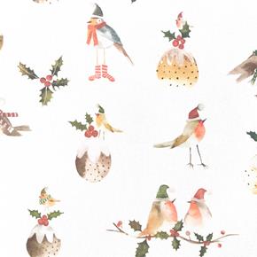 Vánoční dekorační látka ptáčci na režném podkladu