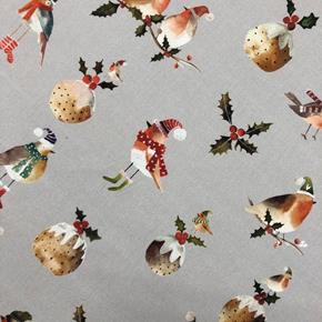 Vánoční dekorační látka ptáčci na režném šedém podkladu